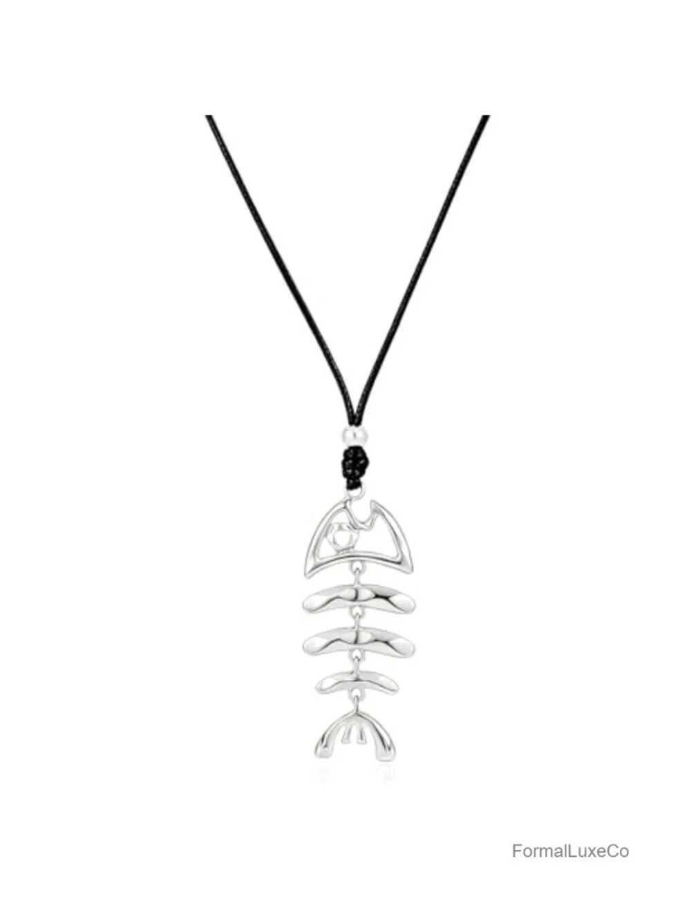 Gold Plated Statement Fish Bone Pendant Necklace Long Wax Cord Chain Women